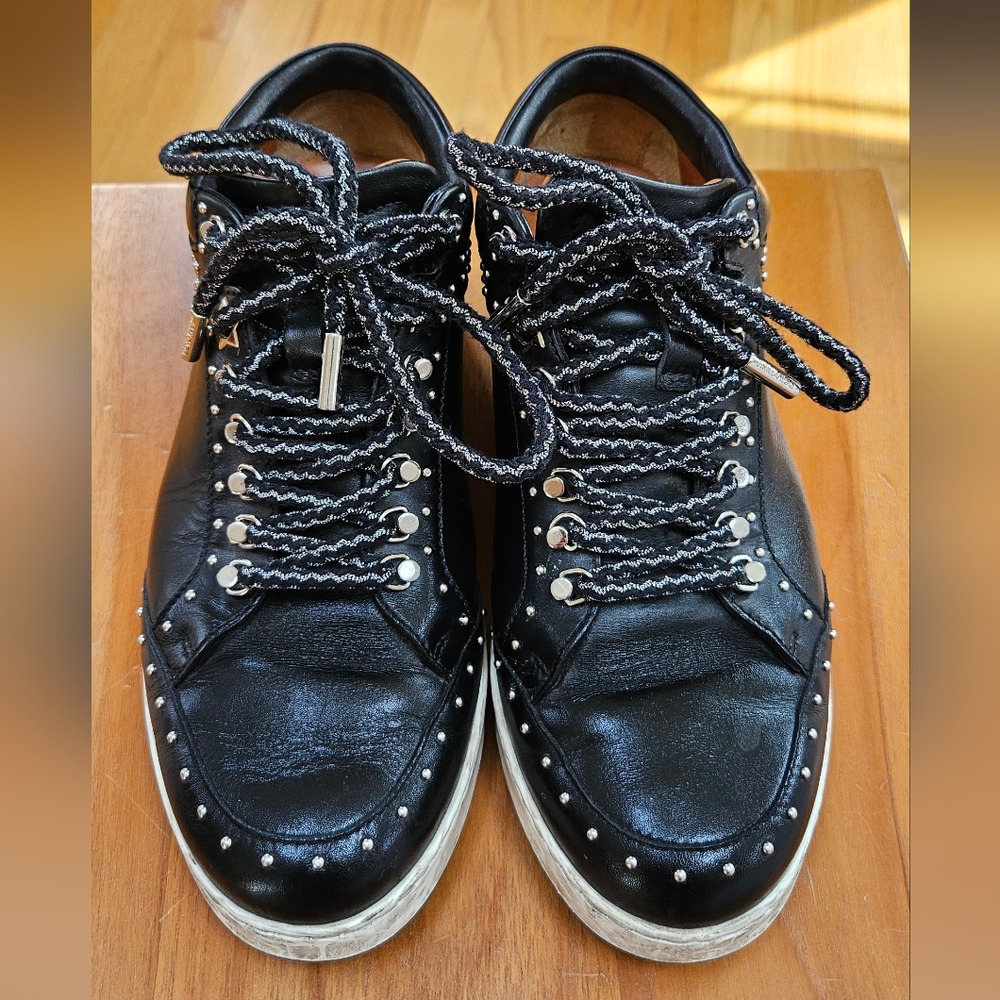 Size 37 (US sz 6) Jimmy Choo Black Studded Leather Sneakers